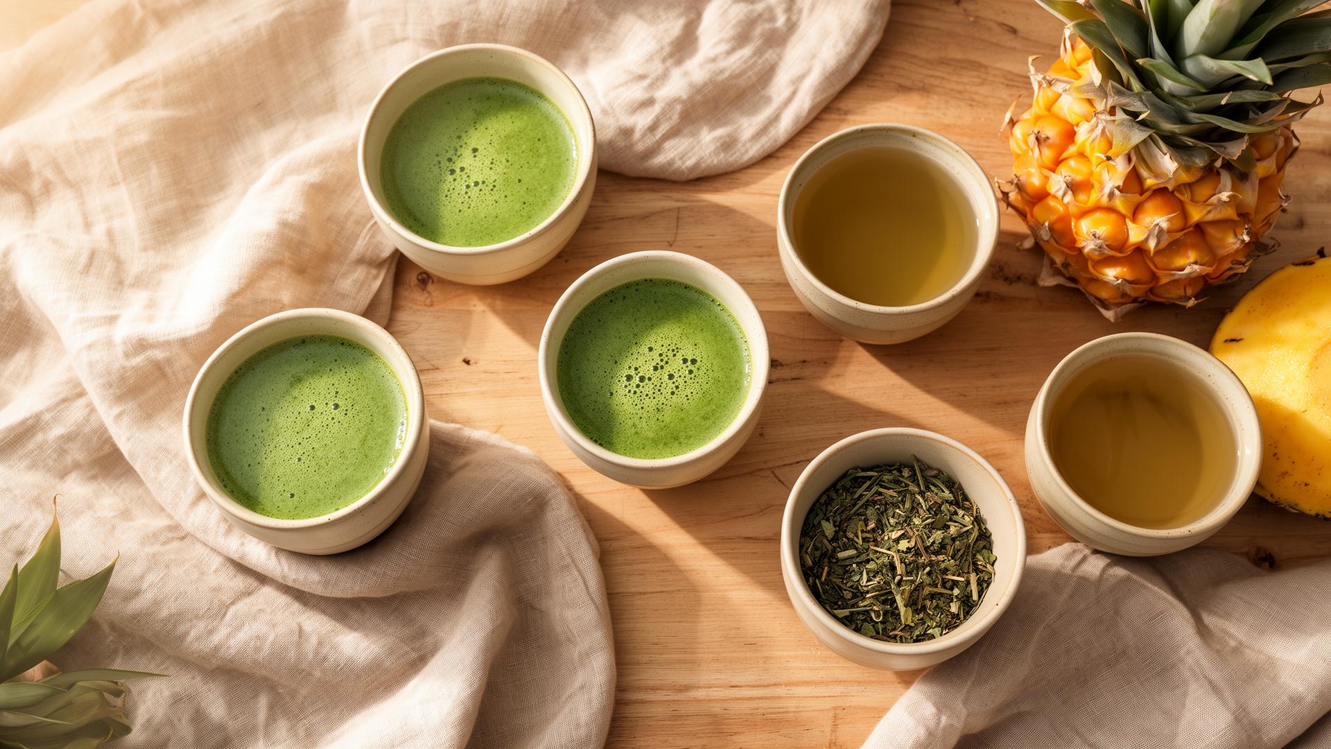 Tisanes et jus détox sur une table en bois